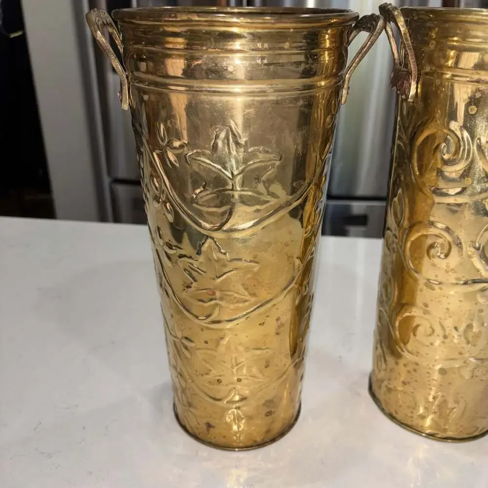 Vintage Hosley French Brass Bucket Planter Vases with Embossed Floral/Grapevine